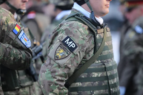 Bucharest Romania December 2018 Details Uniform Flag Romanian Military Police — Stock Photo, Image