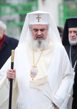 Bucharest, Romanya - 24 Ocak 2019: Romanya Ortodoks Patriği Daniel beylikleri ile Moldavia ve Wallachia Birliği Patriarchal Sarayı Bükreş'te bir şenlikte 1859, gelen yer alır.