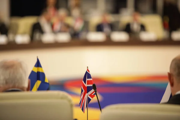 Details Mit Der Flagge Des Vereinigten Königreichs Während Einer Konferenz — Stockfoto