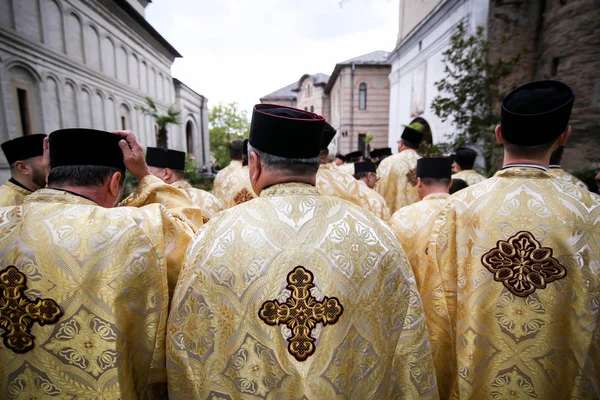 Preoţi ortodocşi români în timpul unui proces de pelerinaj în Duminica Palmierilor — Fotografie, imagine de stoc