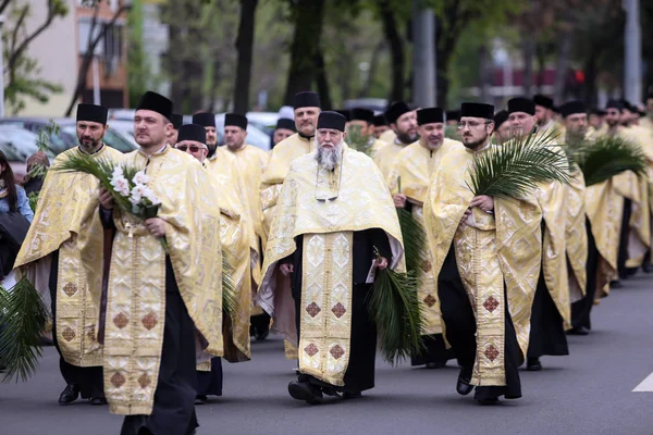 Preoţi ortodocşi români în timpul unui proces de pelerinaj în Duminica Palmierilor — Fotografie, imagine de stoc