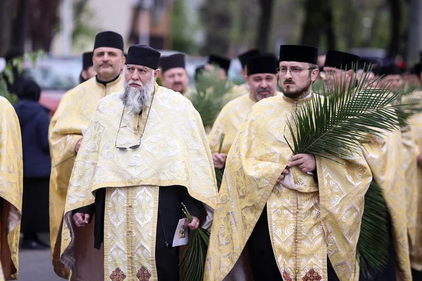 Preoţi ortodocşi români în timpul unui proces de pelerinaj în Duminica Palmierilor — Fotografie, imagine de stoc