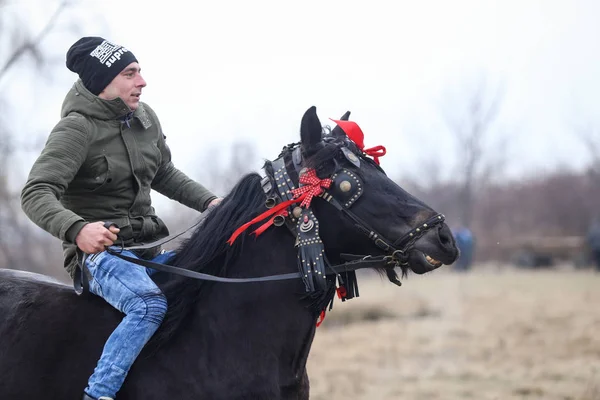 Man is bareback riding an adorned horse before an Epiphany cele — Stock Photo, Image