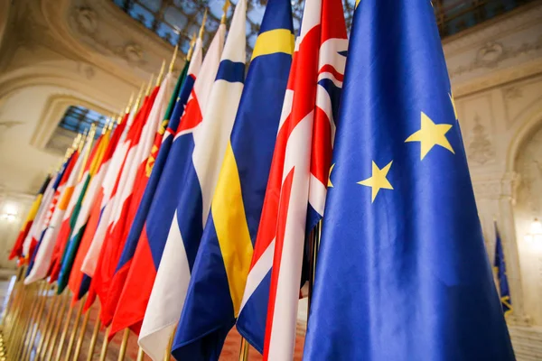 Всі Країни Члени Європейського Союзу Прапорці Поруч Іншою — стокове фото