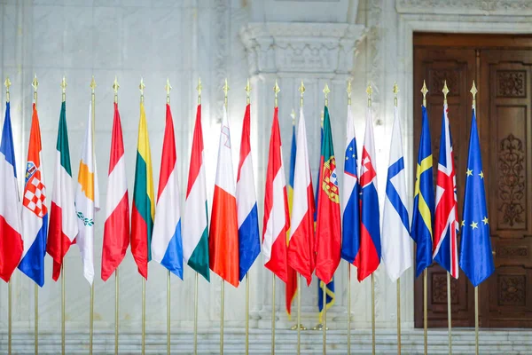 Всі Країни Члени Європейського Союзу Прапорці Поруч Іншою — стокове фото