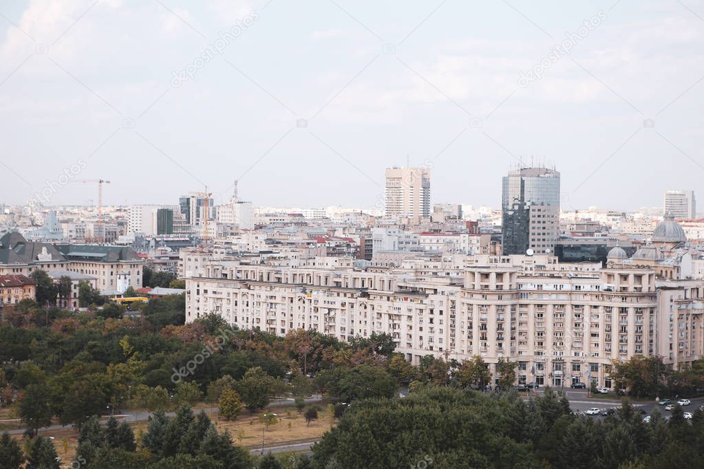 Cityscape of old part of Bucharest, with many worn out buildings