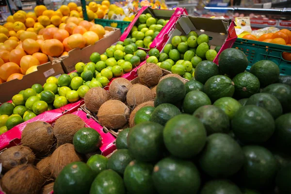 Kokosnötter, avokado, limefrukter, grapefrukt, apelsiner och mango på th — Stockfoto