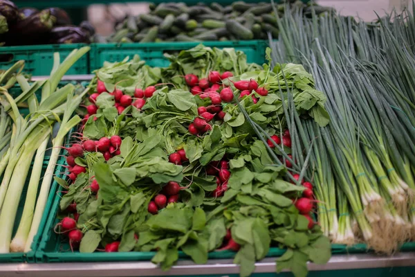 Radijs en lente-uitjes op de groenten en fruit gangpad in een — Stockfoto