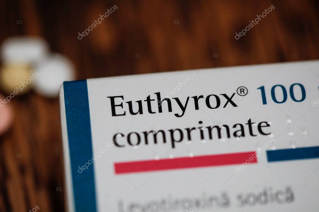 Bucharest, Romania - June 4, 2020: Details with Euthyrox medicine, a cure for Hypothyroidism.