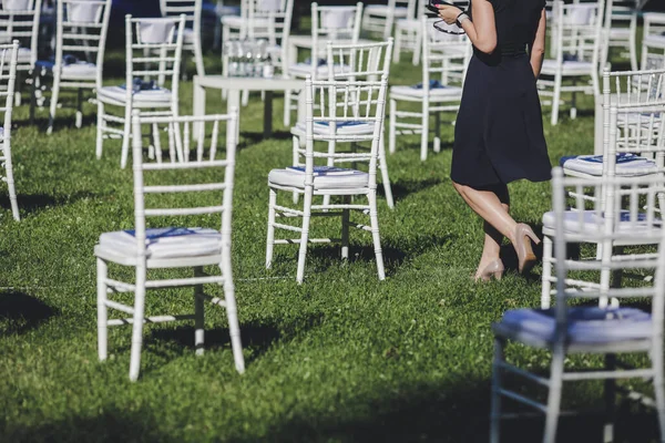 Distance between chairs at a garden event for social distancing during the Covid-19 outbreak.
