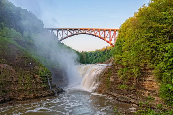 Obere Wasserfälle Gewölbte Brücke Letchworth State Park New York Kurz — Stockfoto
