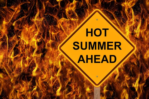 Heißer Sommer Voraus Warnschild Mit Flammendem Hintergrund — Stockfoto