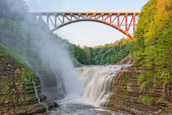 Obere Wasserfälle Gewölbte Brücke Letchworth State Park New York Kurz — Stockfoto