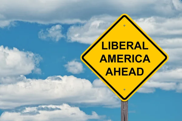 Liberal America Ahead Caution Sign Blue Sky Background — Stock Photo, Image