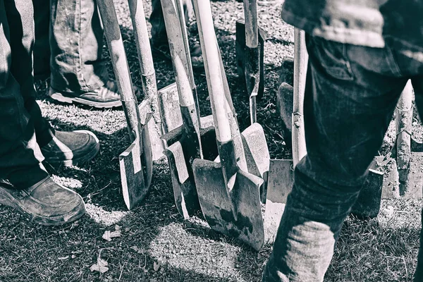 Equipo de trabajadores listo para empezar a plantar árboles con sus palas, concepto de trabajo en equipo — Foto de Stock