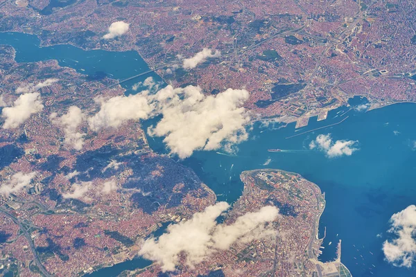 Aerial top view of the Bosporus strait and Istanbul city in Turkey.
