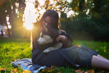 Genç güzel kız sonbahar parkta onu sevimli husky köpek evcil hayvan ile oynarken kırmızı ve sarı düşmüş yaprakları ile kaplı
