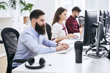 Modern bilişim ofisinde çalışan insanlar. Bir grup genç ve deneyimli programcı ve yazılım geliştirici bilgisayar üzerinde çalışıyor. Ekip iş başında. Yüksek kaliteli resim.