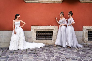 Güzel gelin ve nedimeler zarif, şık, açık gri gri zemin uzunluğunda elbiseleriyle eski güzel Avrupa şehrinde düğün günü eğleniyorlar..