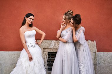 Güzel gelin ve nedimeler zarif, şık, açık gri gri zemin uzunluğunda elbiseleriyle eski güzel Avrupa şehrinde düğün günü eğleniyorlar..