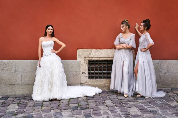 Gyönyörű menyasszony és koszorúslányok gyönyörű elegáns elegáns világos szürke ezüst padló hossza ruhák régi gyönyörű európai város szórakozás egy esküvő napján. — Stock Fotó