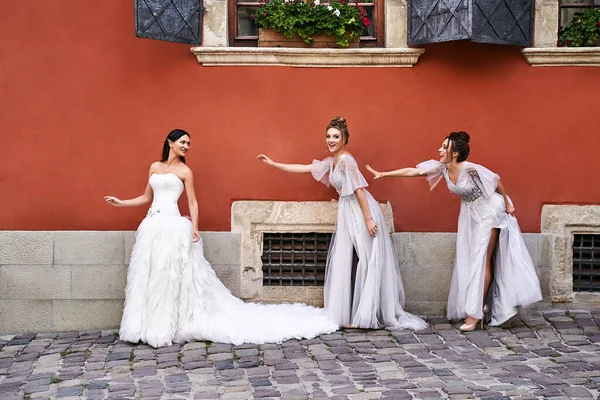 Gyönyörű menyasszony és koszorúslányok gyönyörű elegáns elegáns világos szürke ezüst padló hossza ruhák régi gyönyörű európai város szórakozás egy esküvő napján. — Stock Fotó