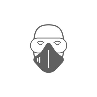 Maske ikonlu erkek yüzü. Yüzünde nefes maskesi var. Güvenli nefes alma maskeleri. Endüstriyel güvenlik N95 maskesi, toz koruma solunum cihazı ve solunum maskesi