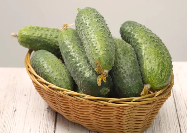 Verse groene komkommers met puistjes zijn in de mand. — Stockfoto
