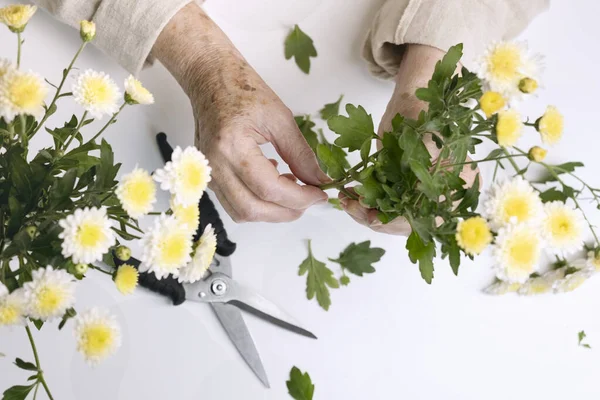 Вид сверху на пожилые руки, держащие белые цветы. Пожизненные пенсионеры — стоковое фото