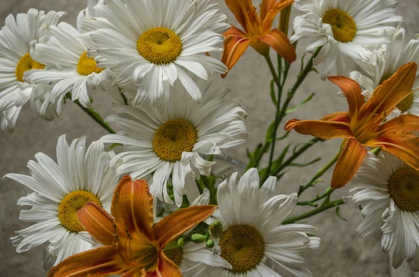 Bouquet Gigli Arancioni Con Grandi Margherite Sfondo Bianco Wal Cemento — Foto Stock
