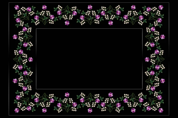 Tablecloth embroidered satin stitch of bouquets with purple violets and branches with leaves and white small flowers on a black background — Stock Photo, Image