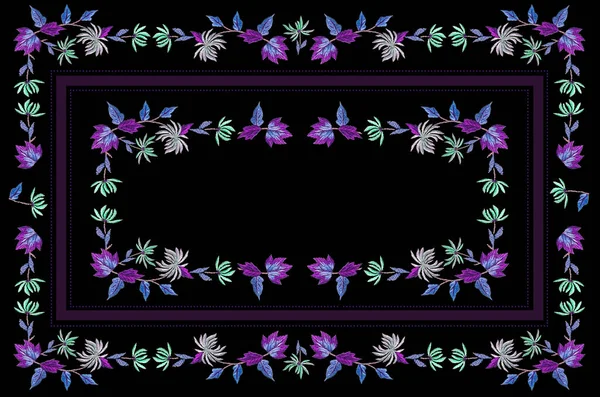 Frame with embroidery for tablecloth with autumn blue-violet leaves and white chrysanthemums on black background — Stock Photo, Image