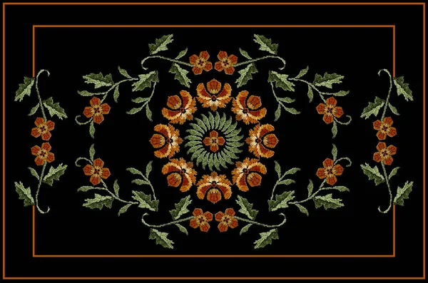 Вышитая рамка с узором для скатерти из оранжевых стилизованных цветов на скрученных стеблях с листьями на черном фоне — стоковое фото