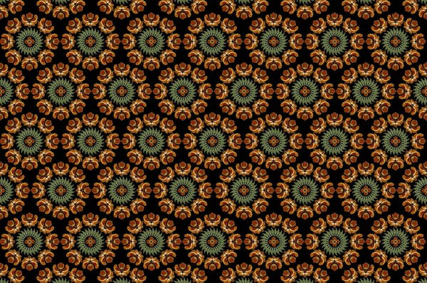 Черный фон круглой вышивки со стилизованными оранжевыми цветами, венок из зеленых листьев и цветок в центре — стоковое фото