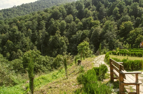 Obszar rekreacyjny w parku otoczony gęstym lasem, na terenie klasztoru Haghartsin znajduje się w górach, w pobliżu miasta Dilijan — Zdjęcie stockowe