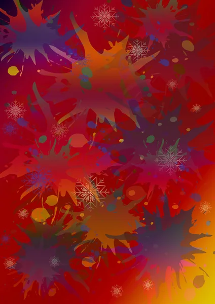 Motley fundo vermelho com salpicos coloridos brilhantes, ovais, manchas e flocos de neve — Fotografia de Stock