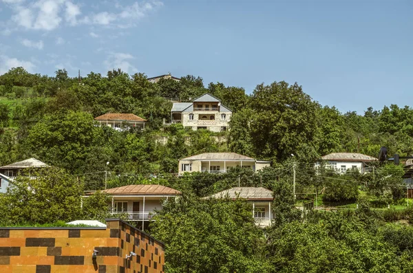 Blick auf den Vorort Dilijan mit niedrigen Häusern, inmitten der Gärten auf einem Hügel gegen den blauen Himmel — Stockfoto