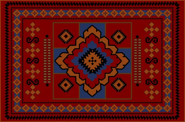 Old oriental carpet with orange, blue, black and beige patterns on red background — Stock Photo, Image