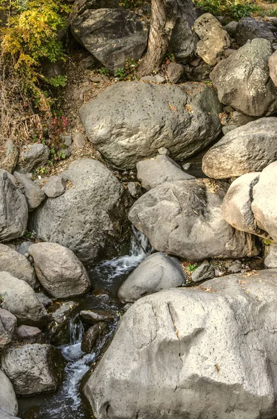 Acqua sorgiva schiumosa, tra erbe ingiallite e grandi pietre della gola dei monti Gegham in Armenia — Foto Stock