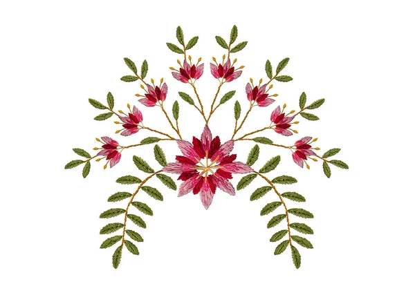 Pattern for embroidery of red-pink flower Cornflower surrounded by buds and bent branches with leaves on white backgroun