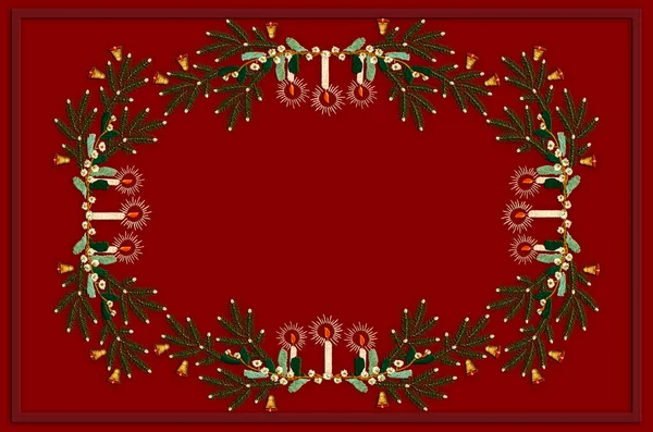 Burgundy Tablecloth Embroidered Satin Stitch Frame Christmas Theme Fir Twigs — Stock Photo, Image