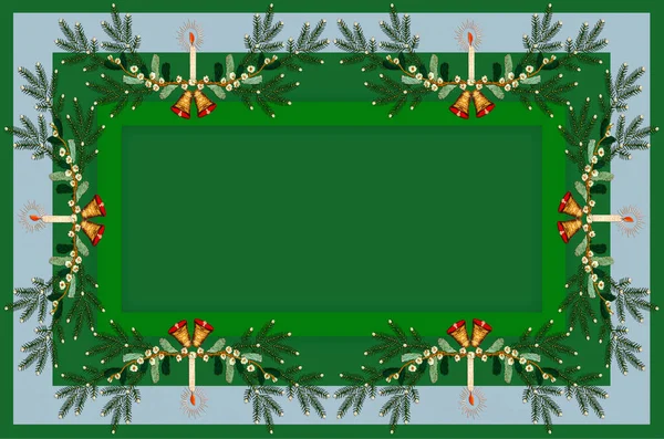 Green Tablecloth Embroidered Satin Stitch Frame Christmas Theme Fir Twigs — Stock Photo, Image