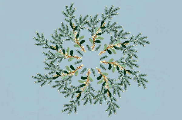刺繍サテンステッチのためのパターンモミの小枝のクリスマスの花輪とベリーと薄い青の背景に葉を持つ小枝 — ストック写真