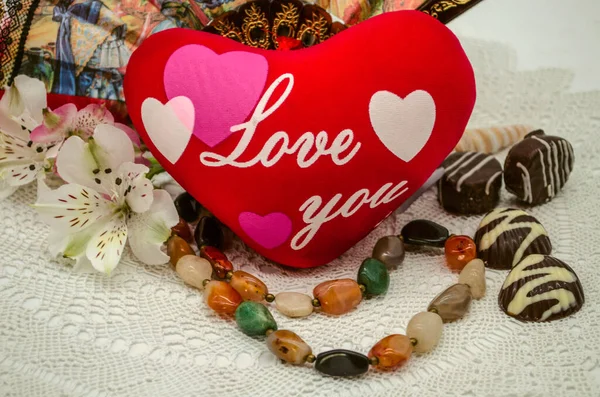 Rood Hart Met Opschrift Love You Next Beads Lace Fan — Stockfoto