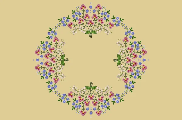 葉と小枝にピンク 青と白の花で花束を刺繍するための楕円形のパターンを持つ黄色の背景 — ストック写真