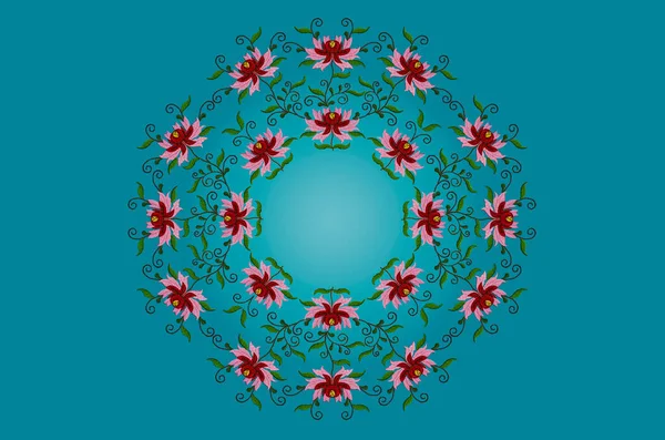 蓝绿色背景的背光和一个圆形花环绣花风格的花 红色和粉红色花瓣扭曲的枝条与叶 — 图库照片