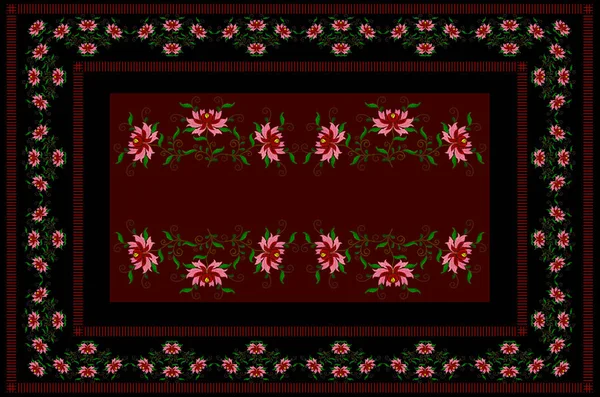 Burgundský Ubrus Černým Okrajem Orámovaný Vyšívanými Stylizovanými Květy Červenými Růžovými — Stock fotografie