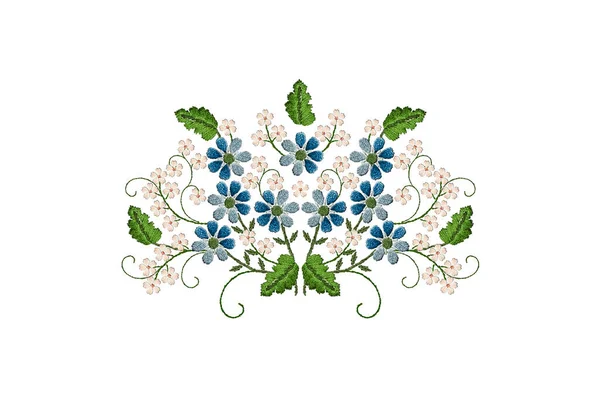 绣花缎子图案 用紫罗兰和白花在纺成的枝条上缝制花束 并在白色的背衬上缝制叶子 — 图库照片