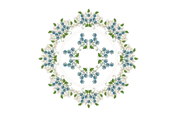 白色背景 绣花花纹 白色小花和紫罗兰 叶带扭曲分枝 珠子圆框架 — 图库照片