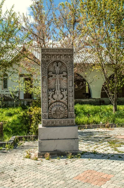 Khachkar Grey Stone Ethnic Patterns Courtyard Church Holy Martyrs Village — Stock Photo, Image